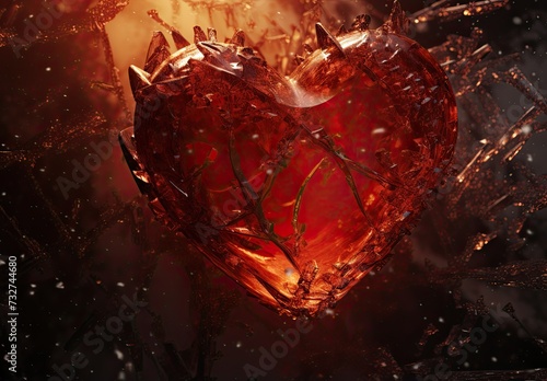 A red heart frozen in ice as a symbol of betrayal in love. Cold feeling. Illustration for cover, card, postcard, interior design, decor or print. photo