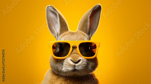  Rabbit in sunglasses on a yellow background.