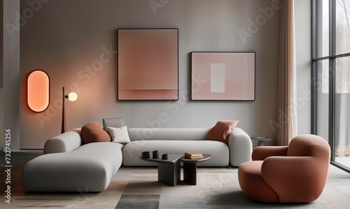 Contemporary interior in daylight with sofa or couch with armchairs and lamps and minimalistic pictures hanging on walls in grey and pink © Wendy2001