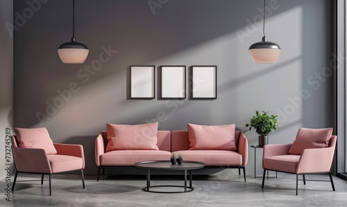 Contemporary interior in daylight with sofa or couch with armchairs and lamps and minimalistic pictures hanging on walls in grey and pink