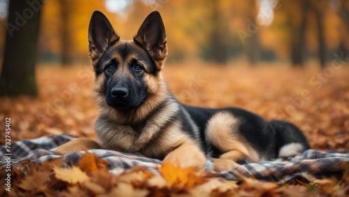 german shepherd puppy A sweet German Shepherd puppy with alert ears and kind eyes, lying on a soft plaid blanket, 