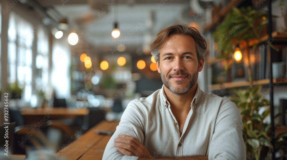 Fototapeta premium Businessman in relaxed office space. Generative AI.