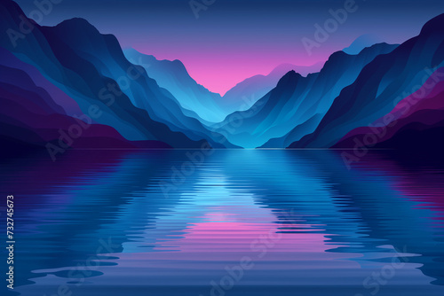 hipnotic neon color sunrise over the mountains and lake #732745673