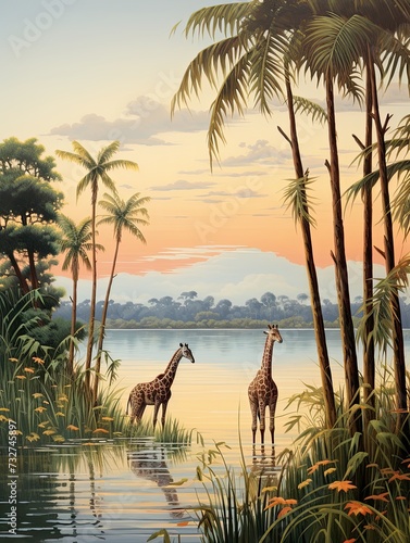 Majestic African Savannas Tropical Beach Art: Oasis View Vintage Print © Michael