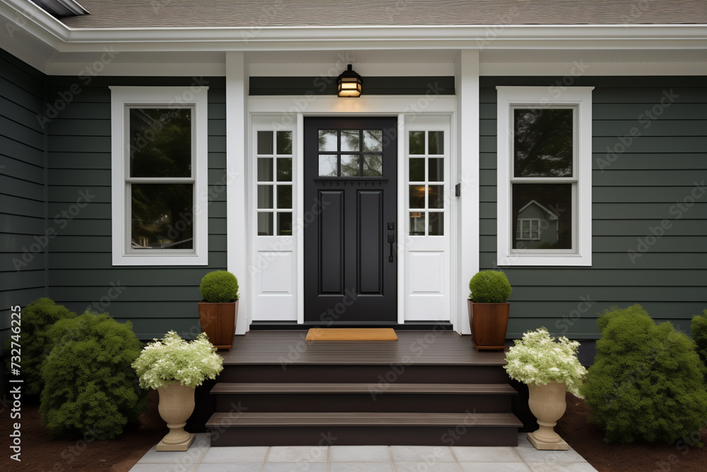 Obraz premium Black Front Entry Door in a House With Green Vinyl Siding