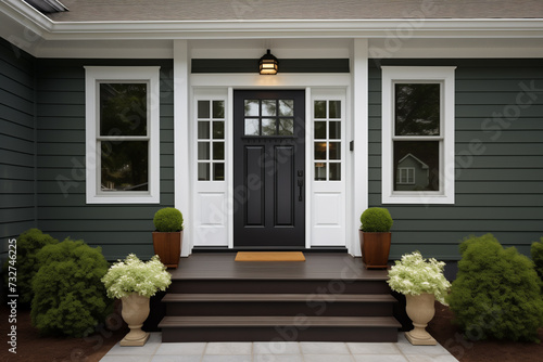 Black Front Entry Door in a House With Green Vinyl Siding © Nikki AI
