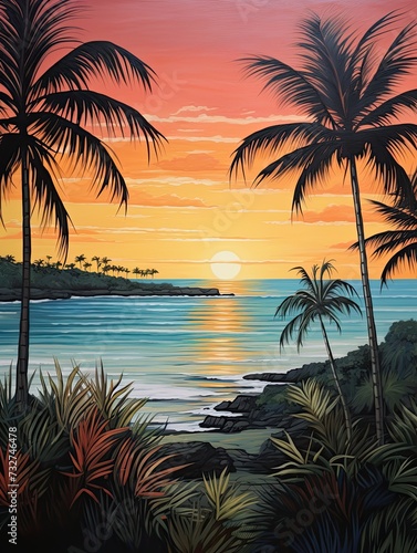 Silhouetted Palm Beaches: Meadow PaintingOcean Scene Nature Artwork