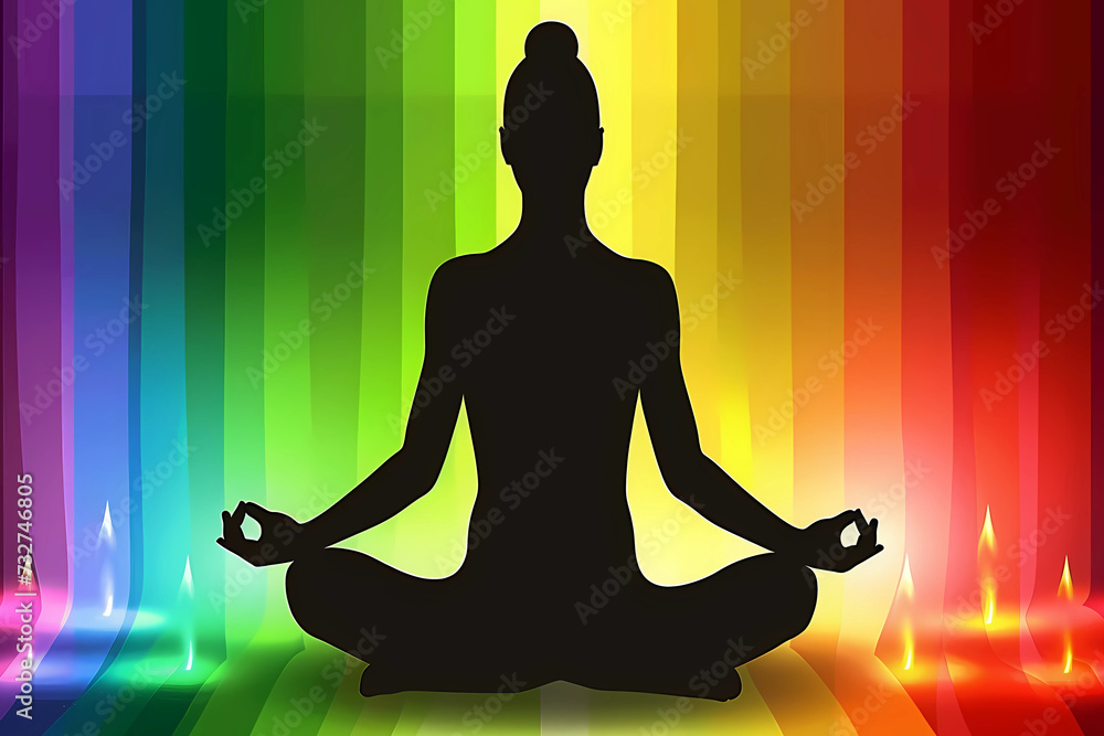 silhouette of a person meditating on rainbow coloured background