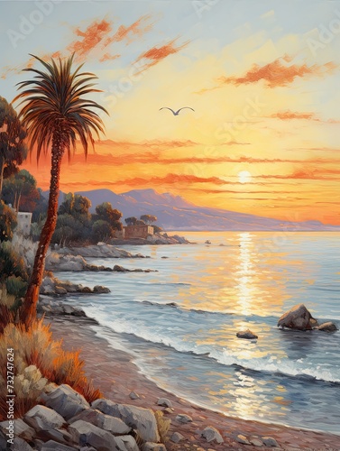 Mediterranean Beaches Landscape Poster: Captivating Sunset Painting for Stunning Ocean Wall Decor