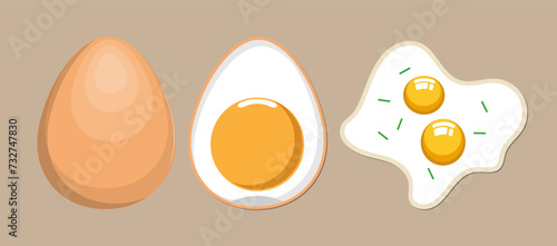 Raw, boiled and fried egg. Three icons, images, pictograms. Vector set