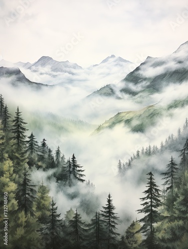 Mist-Enveloped Mountain Peaks  Nature Artwork of Cloudy Summit - Wall Art
