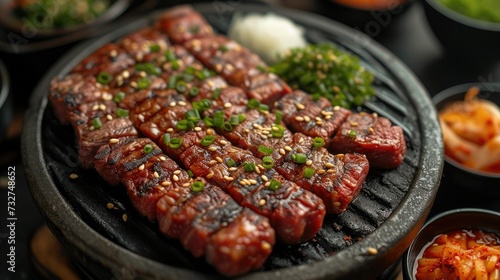Korean barbecue on dark background, only meat ingredients, appetite stimulating color scheme. Generative AI.