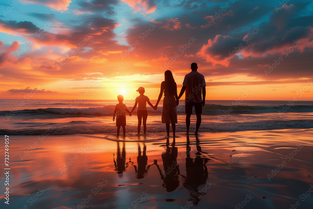 a family standing in water on the beach and holding hands while watching a sunset