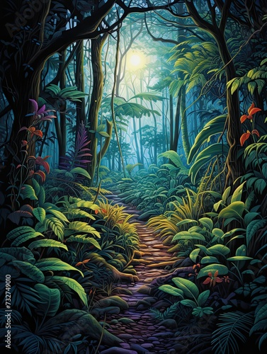 Jungle Pathway: Moonlit Nature Art with Dense Tree Canopy