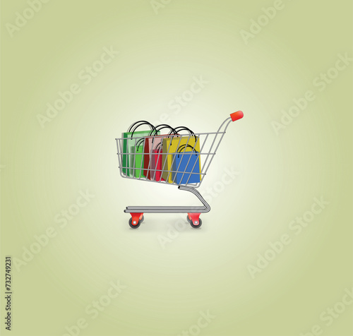 Vector of an overflowing shopping cart filled with a variety of shopping bags