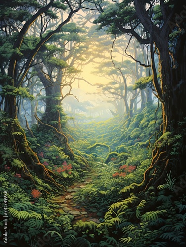 Morning Mist Painting of Ancient Sacred Groves  Nature Art of a Majestic Forest Sunrise