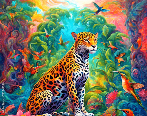 Psychedelic Ayahuasca Dream, Amazon and Rain forest, Jaguar