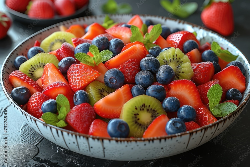 Fresh fruit salad with strawberries, blueberries and kiwi in a bowl. Generative AI. Fresh fruit salad with strawberries, blueberries and kiwi in a bowl. Generative AI.