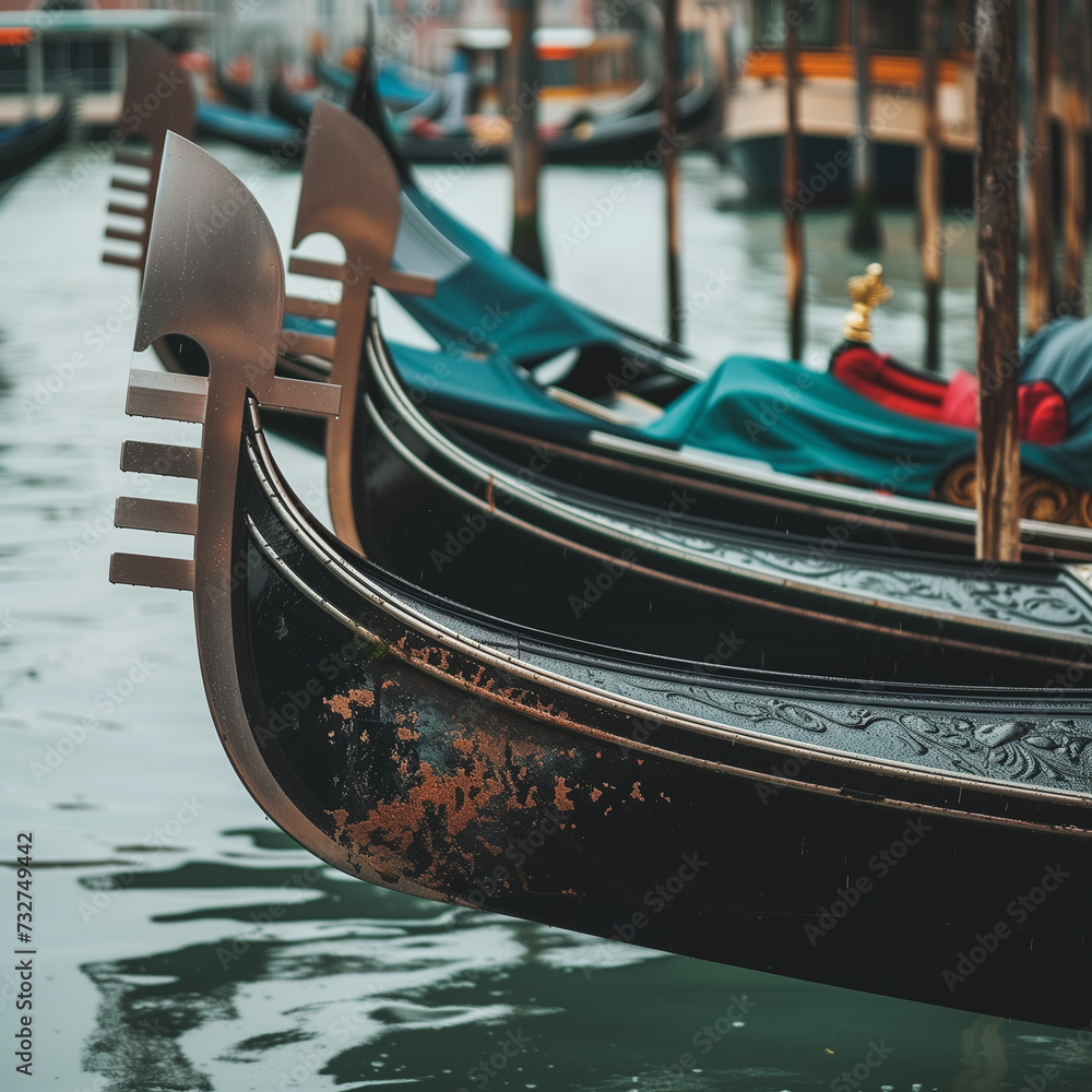 Venetian Gondolas Moored Alongside Canal in Venice
