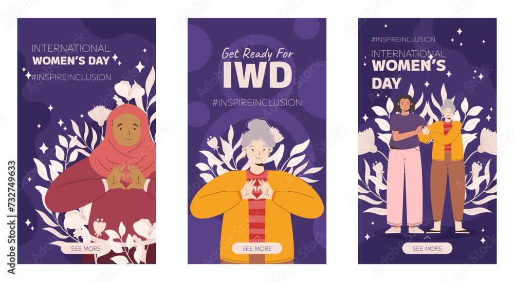 IWD Inspire Inclusion campaign, International Women's Day 2024 Vertical social media stories template collection features a diversity of women making the heart gesture with their hands