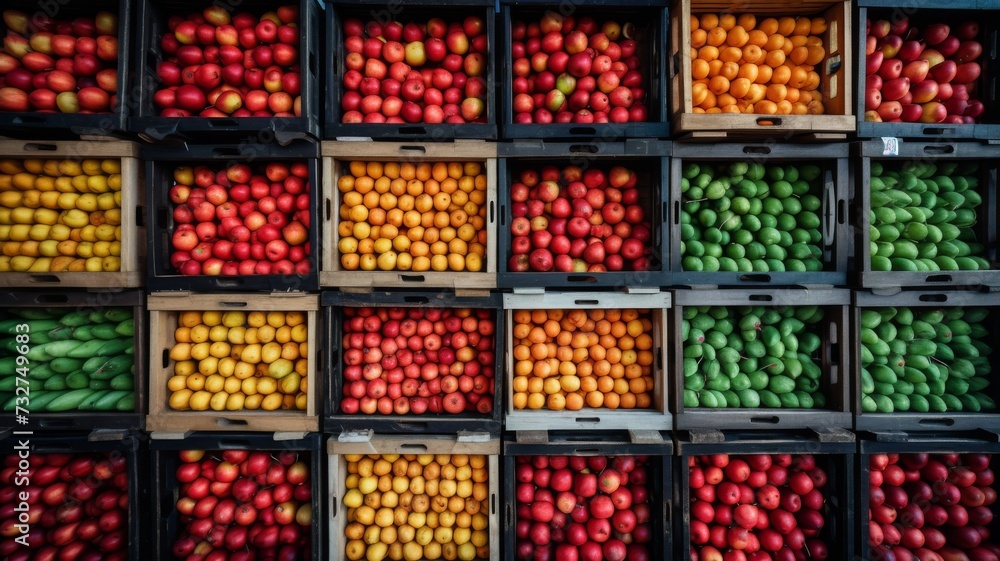Crates filled with colorful fruits neatly arranged at a market stall - obrazy, fototapety, plakaty 