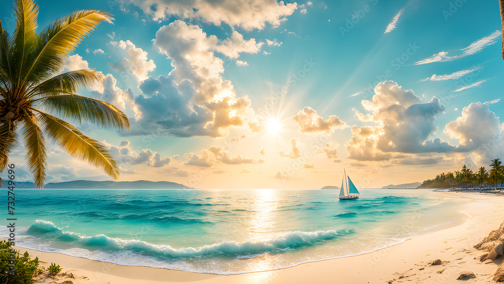 Serene Meeting of Turquoise Waters and Golden Sands Captured in Panoramic Photograph - Tranquil Beachscape
