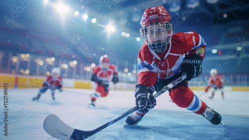 Child in red ice hockey gear playing on rink with team members in the background