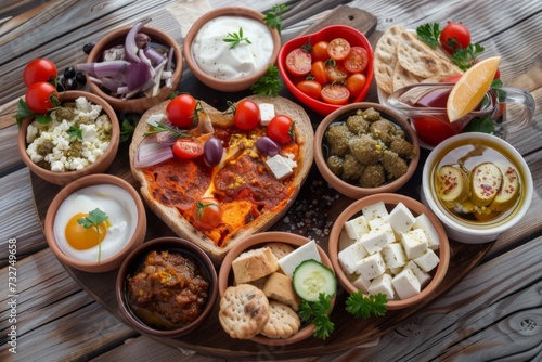 An assortment of Mediterranean breakfast dishes arranged on a wooden surface