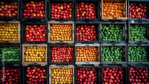 Crates filled with colorful fruits neatly arranged at a market stall