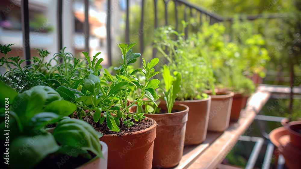 green herbal plant in flowerpots on balcony green herbal plant in flowerpots on balcony