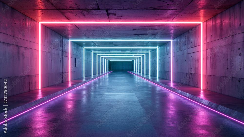Abstract background of a hallway lit in blue and violet neon ultraviolet light in 80s retro style Abstract background of a hallway lit in blue and violet neon ultraviolet light in 80s retro style