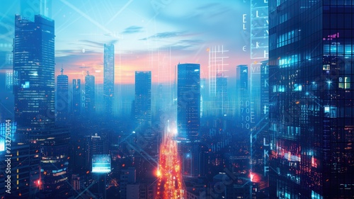 Digital overlays on a futuristic cityscape at dusk