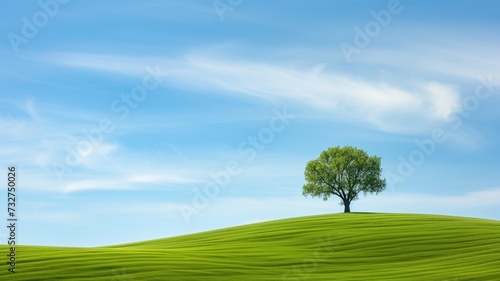 A single tree stands out on the smooth curves of a lush green hill