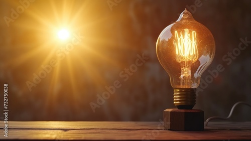 Illuminated vintage light bulb against a sunlit backdrop photo
