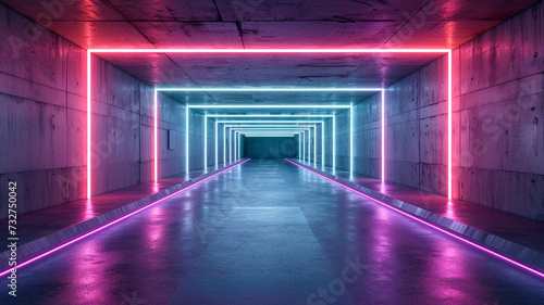 Abstract background of a hallway lit in blue and violet neon ultraviolet light in 80s retro style