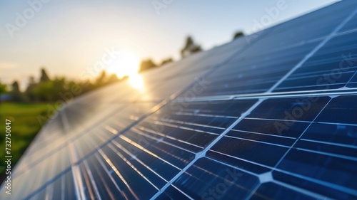 Eco-friendly solar panels harvesting energy at sunset