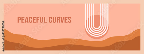 Minimalist geometric zen arches banner template with Text - Peacful Curves. Abstract boho shapes in a retro aesthetic for versatile design use. Vector concept design