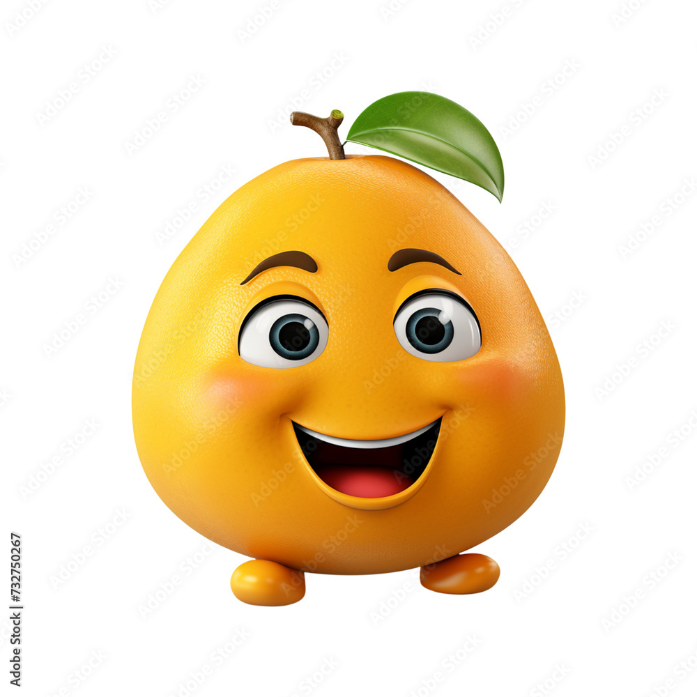 3d cartoon character mango with smiley face isolated on transparent background