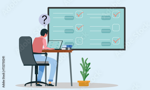 Who Using Easy Device in Laptop Online Exam MCQ Multiple Choice Question Checkbox Unknown Examinee System Online Document Tasks. What is Next? Confused user in Laptop Screen Document check online exam