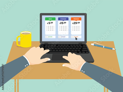 Premium Subscription of Online Premium Subscription Tools, Online Paid Software Purchase Pro Application, Employer Taking Paid Tool in Laptop. User interface panel product price package box buy button