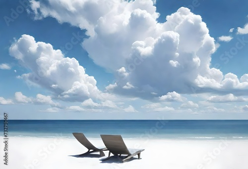 two empty wooden beach chairs sitting on the sand. In the background  there is a large blue sky with a white cloud.