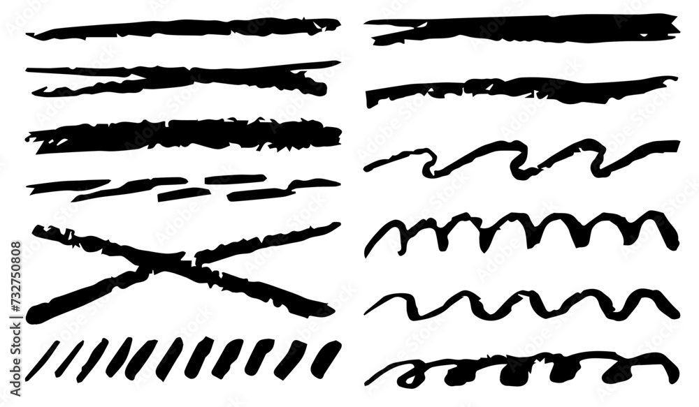 Pencil strokes. Set of black brush lines drawn by hand. Brushes of different shapes on a white background. Vector brushes in grunge style. Vector horizontal lines in pencil. Vector lines in chalk.