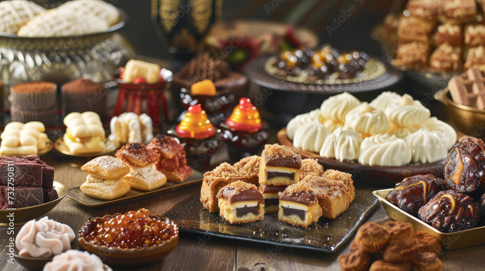 Iftar Table Spread: Photo of a dining table full of iftar dishes. Iftar Table Spread: Photo of a dining table full of iftar dishes.