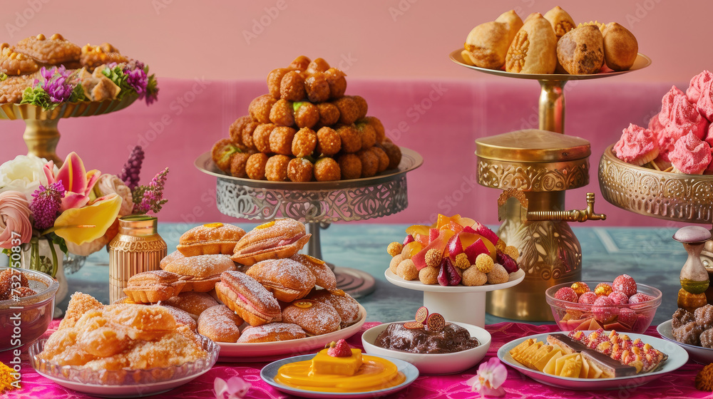 Iftar Table Spread: Photo of a dining table full of iftar dishes. Iftar Table Spread: Photo of a dining table full of iftar dishes.