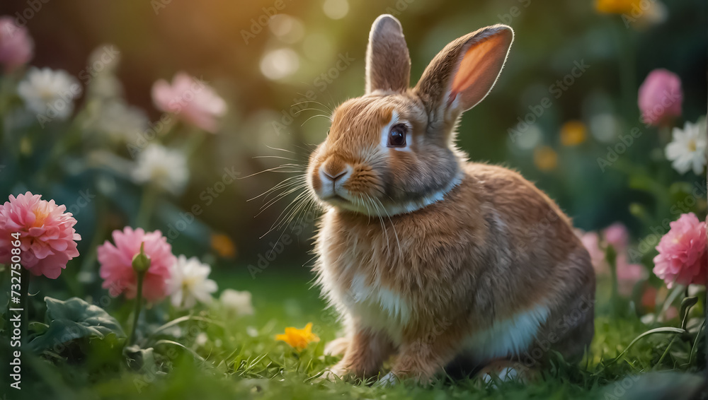 Fototapeta premium cute fluffy bunny with flowers