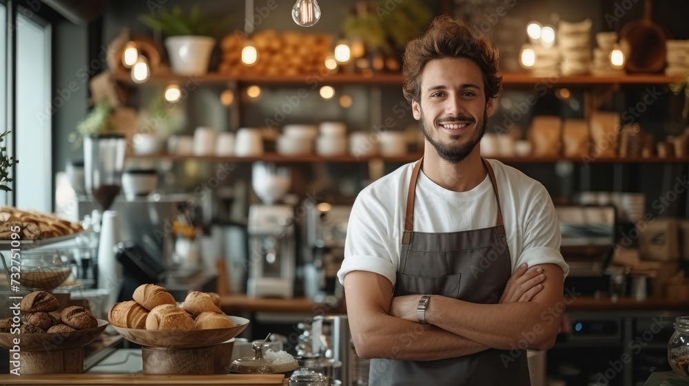 A man barista behind the counter of a coffee shop, a modern cafe. Generative AI. A man barista behind the counter of a coffee shop, a modern cafe. Generative AI.