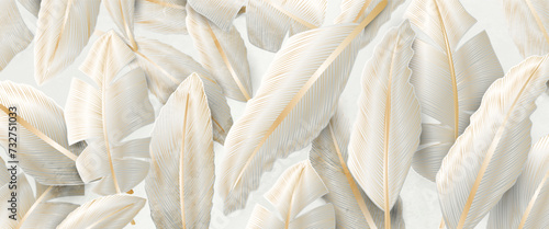 White luxury art background with tropical leaves or feathers with golden elements in line style. Botanical banner for decoration, print, textile, wallpaper, packaging, interior design.