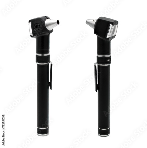 otoscope or auriscope is a tool used by an Otolaryngologist doctor in the ear nose throat industry to view inside an ear canal.  isolated on white background two views no specula