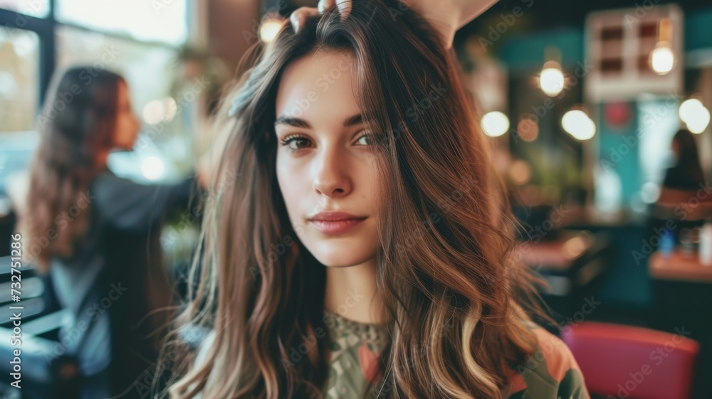 Young woman with wavy hair posing in a café with soft-focus background Young woman with wavy hair posing in a café with soft-focus background