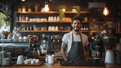 A man barista behind the counter of a coffee shop, a modern cafe. Generative AI.